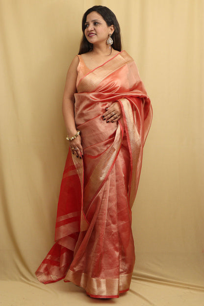 Stunning Red Banarasi Tissue Saree: Ideal for Events - Luxurion World