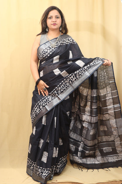 Elegant Dark Blue Linen Saree: Bhagalpur Beauty - Luxurion World