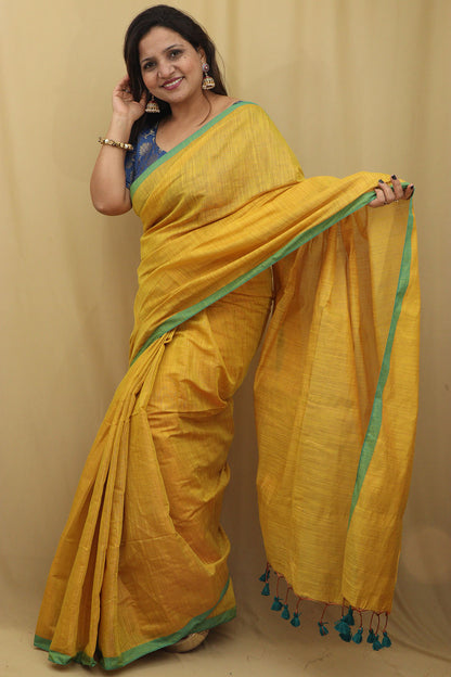 Yellow Bengal Plain Tissue Cotton Saree - Classic Elegance