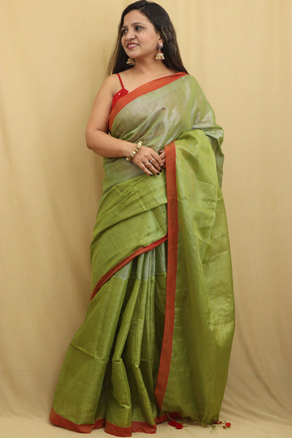 Green Bengal Plain Tissue Cotton Saree - Elegant Style