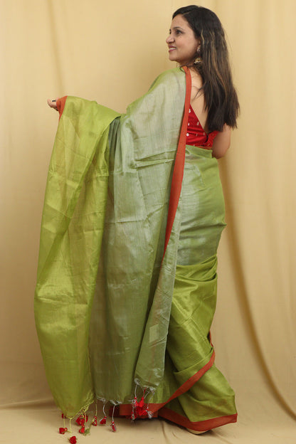 Green Bengal Plain Tissue Cotton Saree - Elegant Style