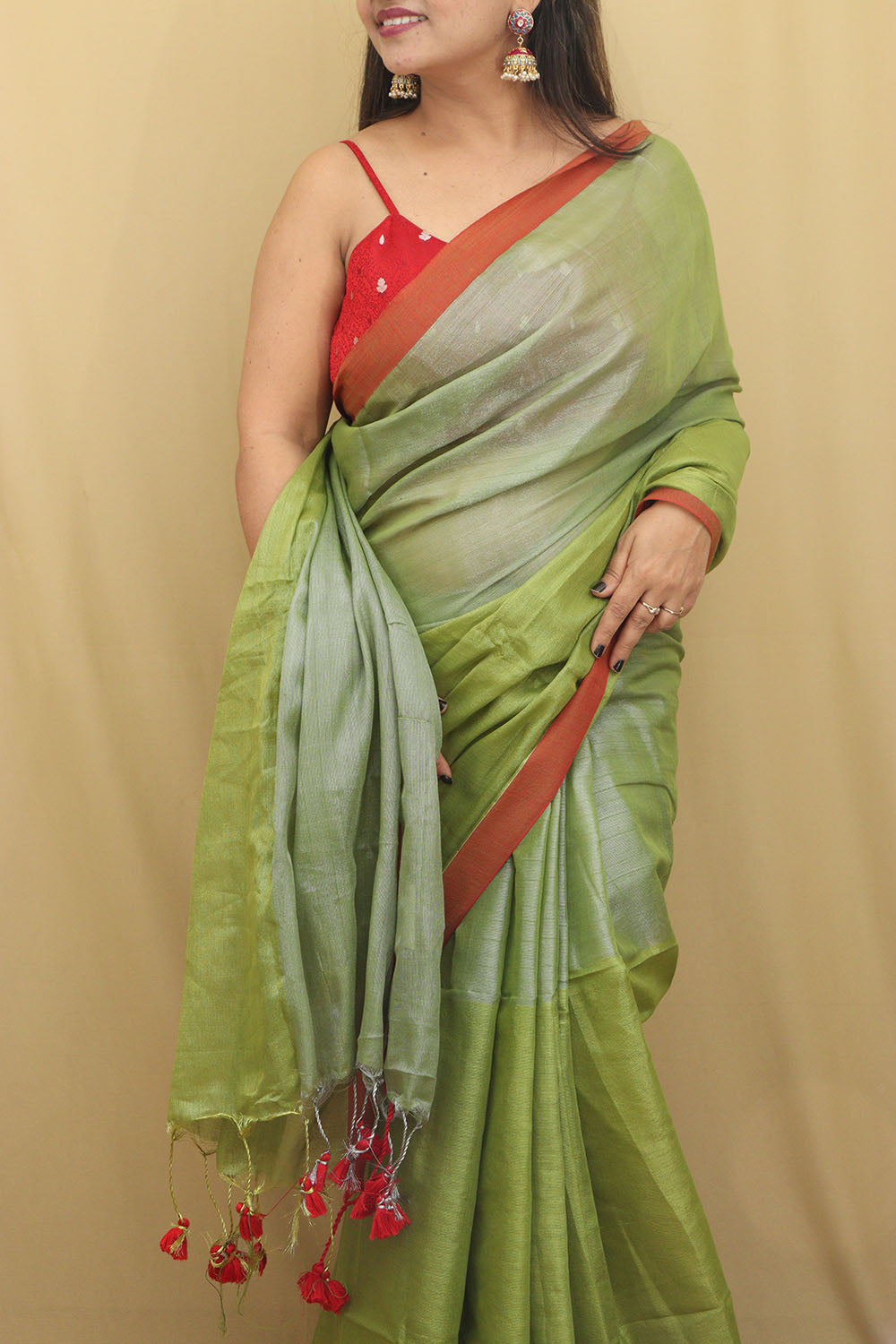 Green Bengal Plain Tissue Cotton Saree - Elegant Style