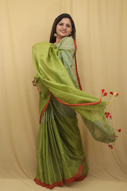 Green Bengal Plain Tissue Cotton Saree - Elegant Style