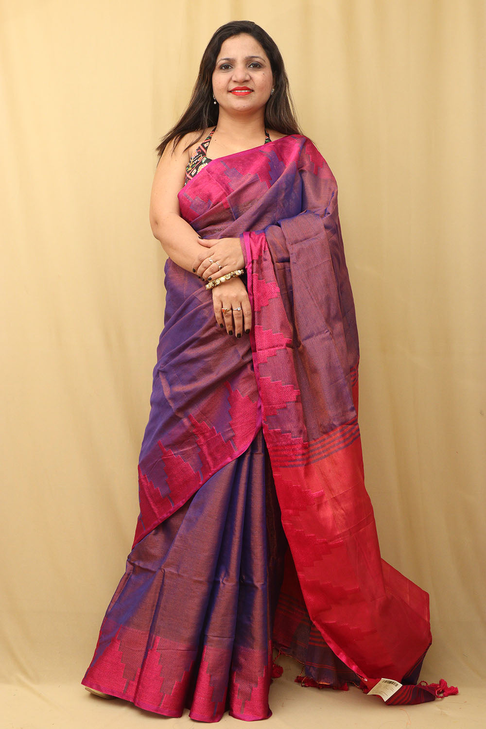 Exquisite Purple Bengal Cotton Saree with Temple Border