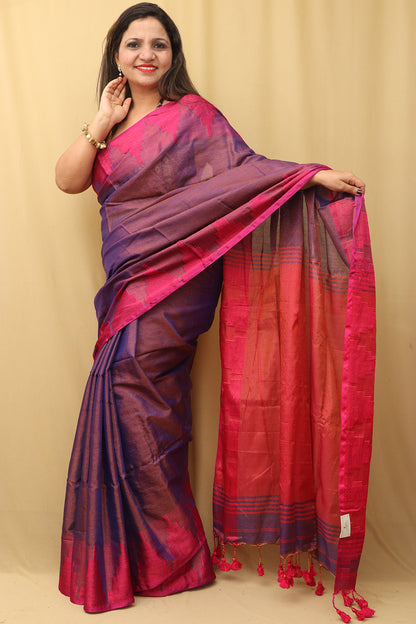 Exquisite Purple Bengal Cotton Saree with Temple Border