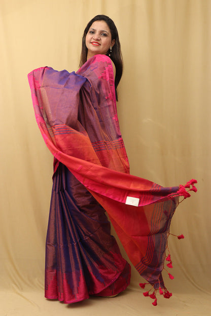 Exquisite Purple Bengal Cotton Saree with Temple Border