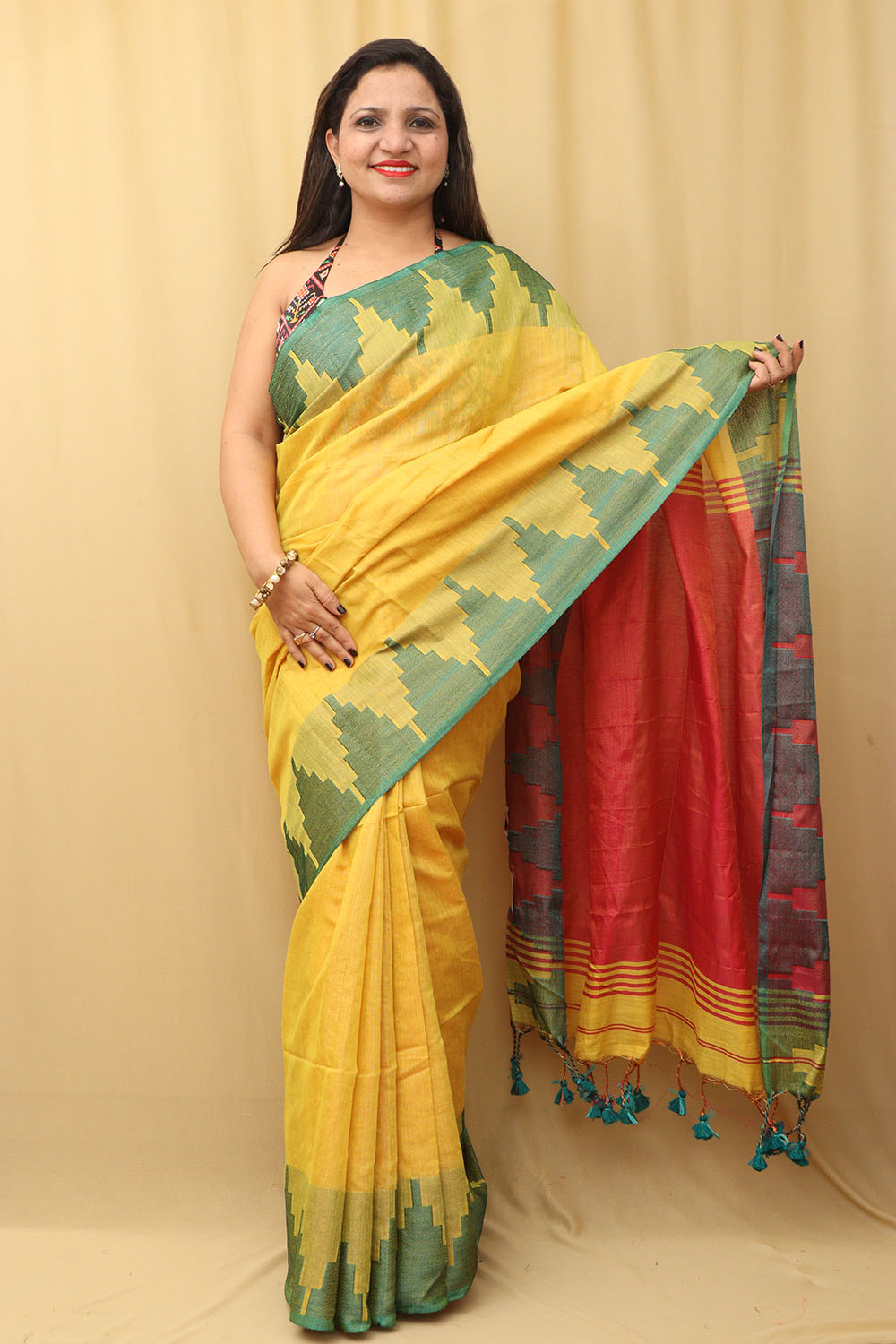 Yellow Bengal Tissue Saree with Temple Border