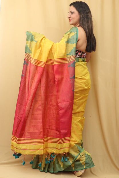 Yellow Bengal Tissue Saree with Temple Border