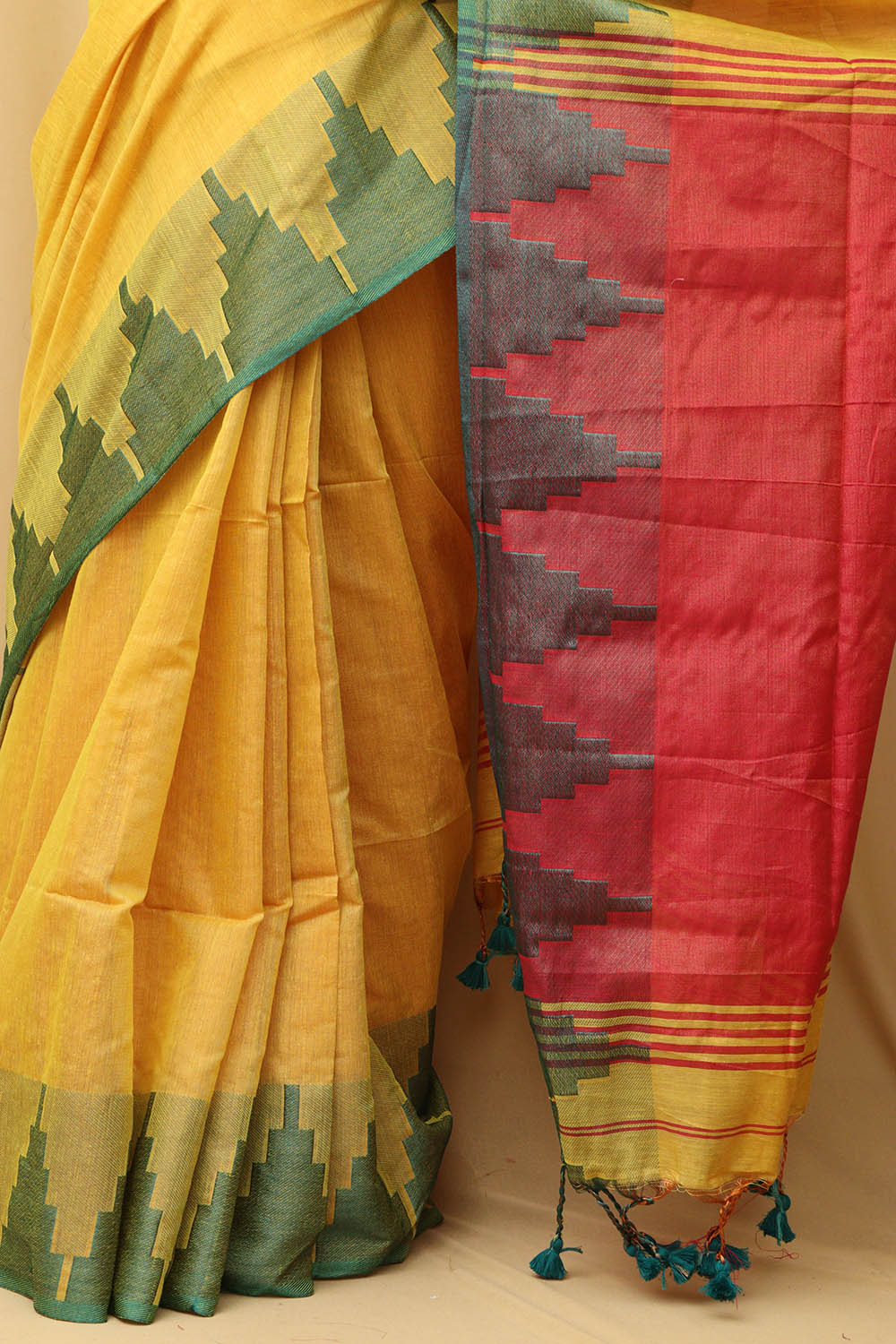 Yellow Bengal Tissue Saree with Temple Border