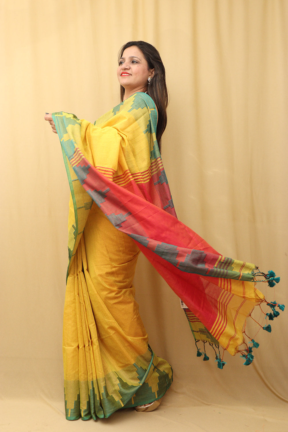 Yellow Bengal Tissue Saree with Temple Border