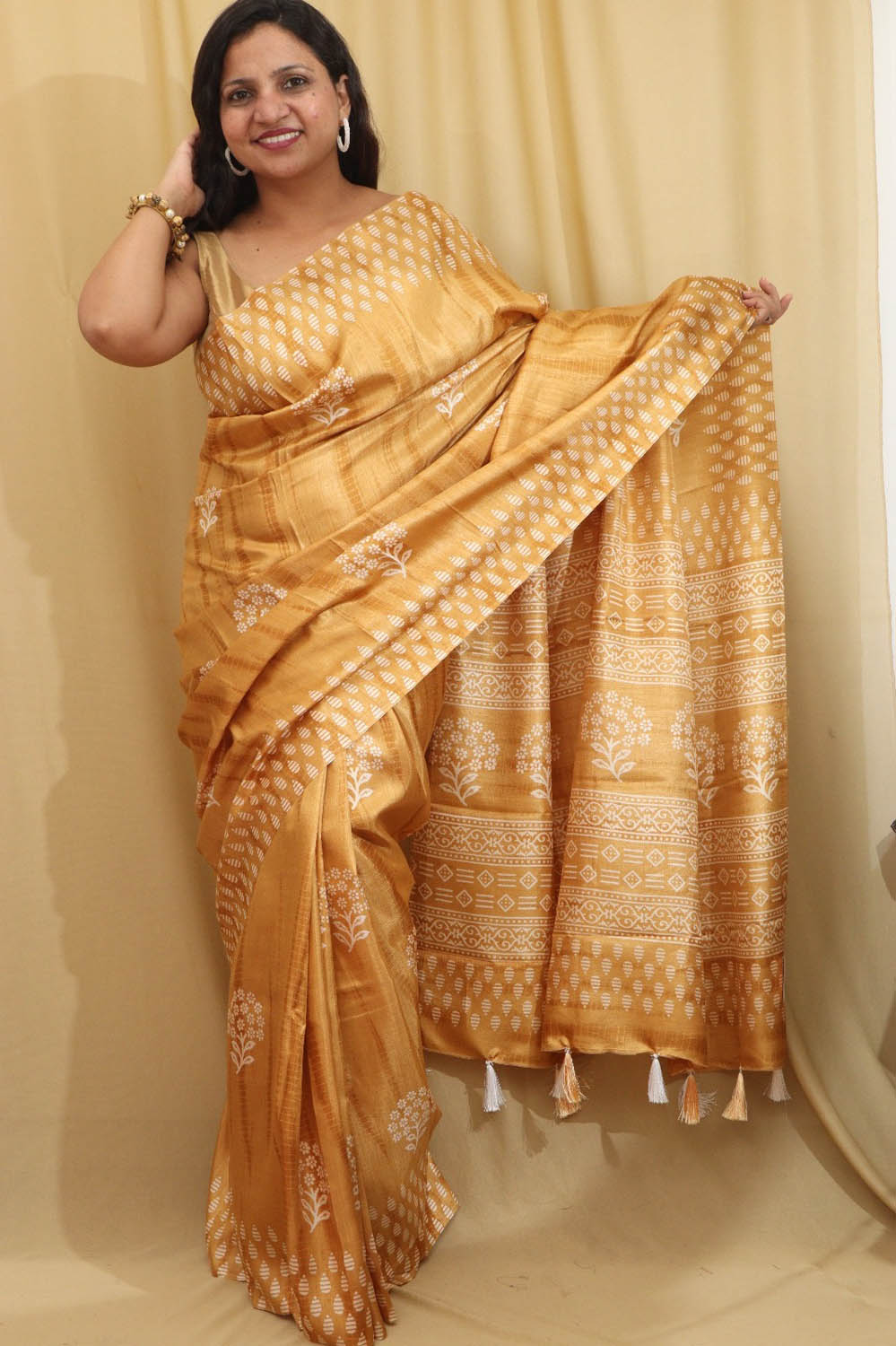 Sunshine in Silk: Yellow Block Printed Tussar Saree - Luxurion World