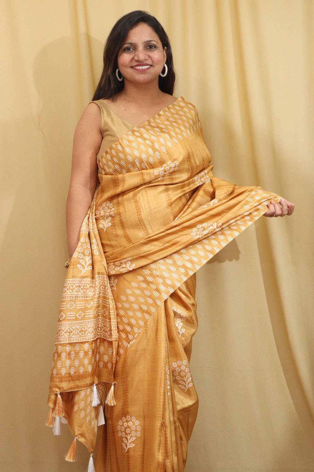 Sunshine in Silk: Yellow Block Printed Tussar Saree - Luxurion World