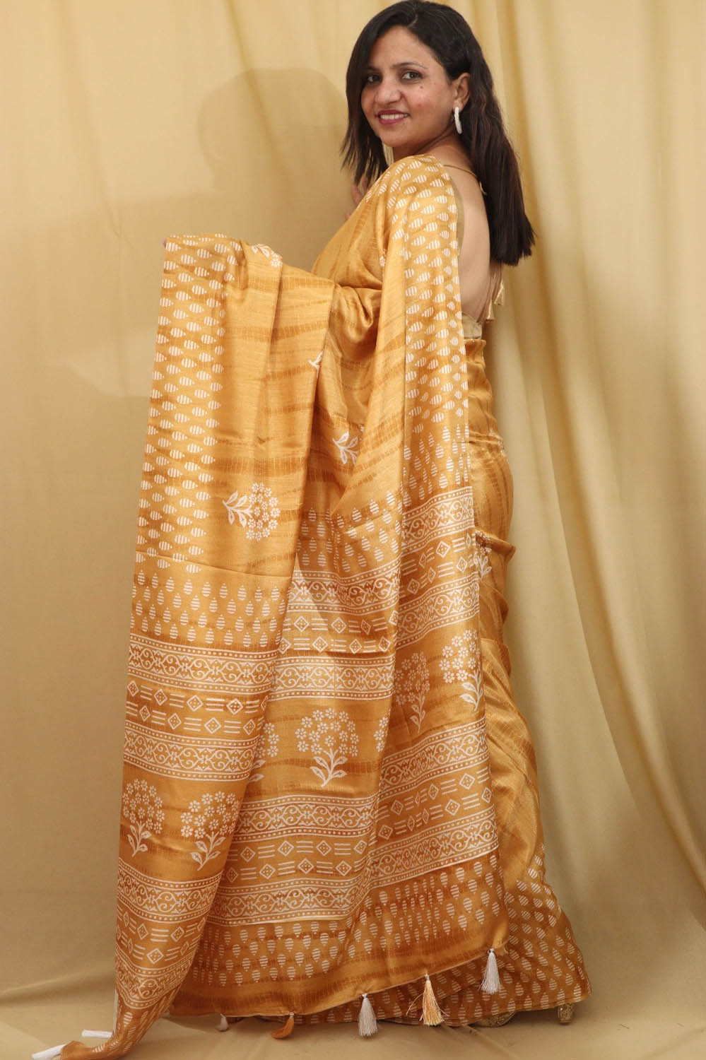 Sunshine in Silk: Yellow Block Printed Tussar Saree - Luxurion World