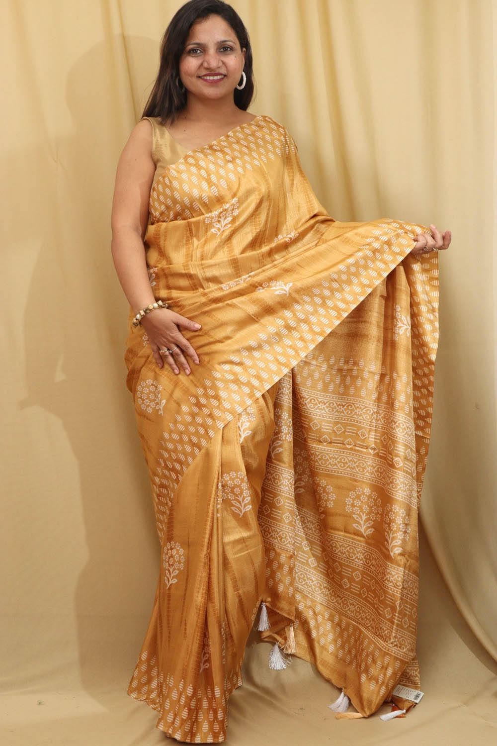 Sunshine in Silk: Yellow Block Printed Tussar Saree - Luxurion World