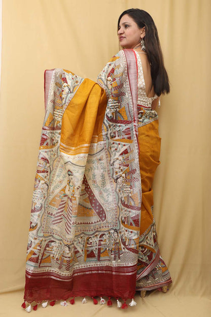 Vibrant Yellow Madhubani Cotton Silk Saree: Digital Print - Luxurion World