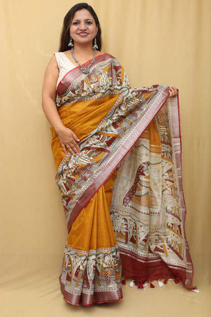 Vibrant Yellow Madhubani Cotton Silk Saree: Digital Print - Luxurion World