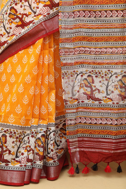 Vibrant Yellow Madhubani Cotton Silk Saree with Digital Print - Luxurion World