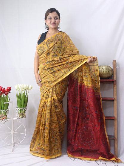 Stunning Yellow Madhubani Print Bengal Cotton Silk Saree - Perfect for Any Occasion!