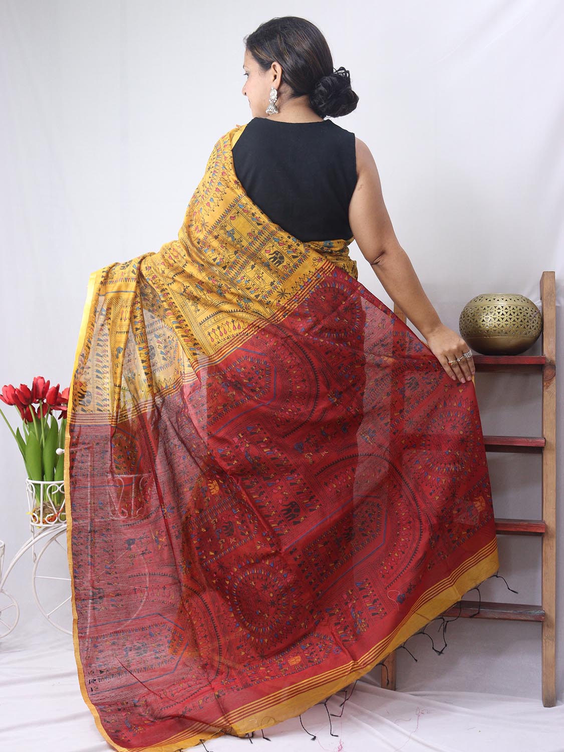 Stunning Yellow Madhubani Print Bengal Cotton Silk Saree - Perfect for Any Occasion!