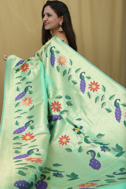 Green Paithani Silk Parrot & Flower Saree - Luxurion World