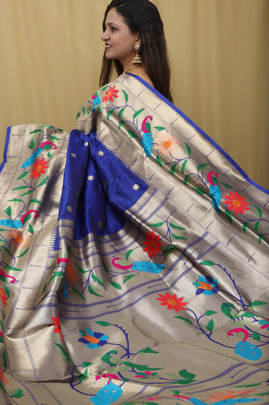 Blue Paithani Silk Parrot & Flower Saree - Luxurion World