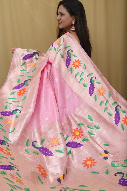 Elegant Pink Paithani Silk Saree with Parrot and Flower Design - Luxurion World