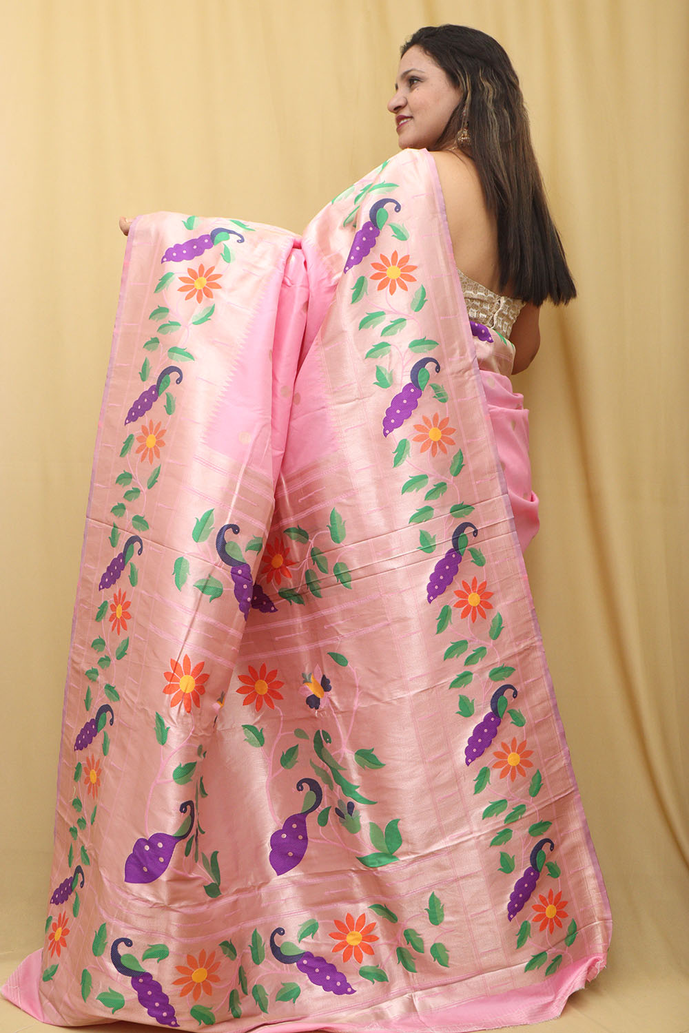 Elegant Pink Paithani Silk Saree with Parrot and Flower Design - Luxurion World