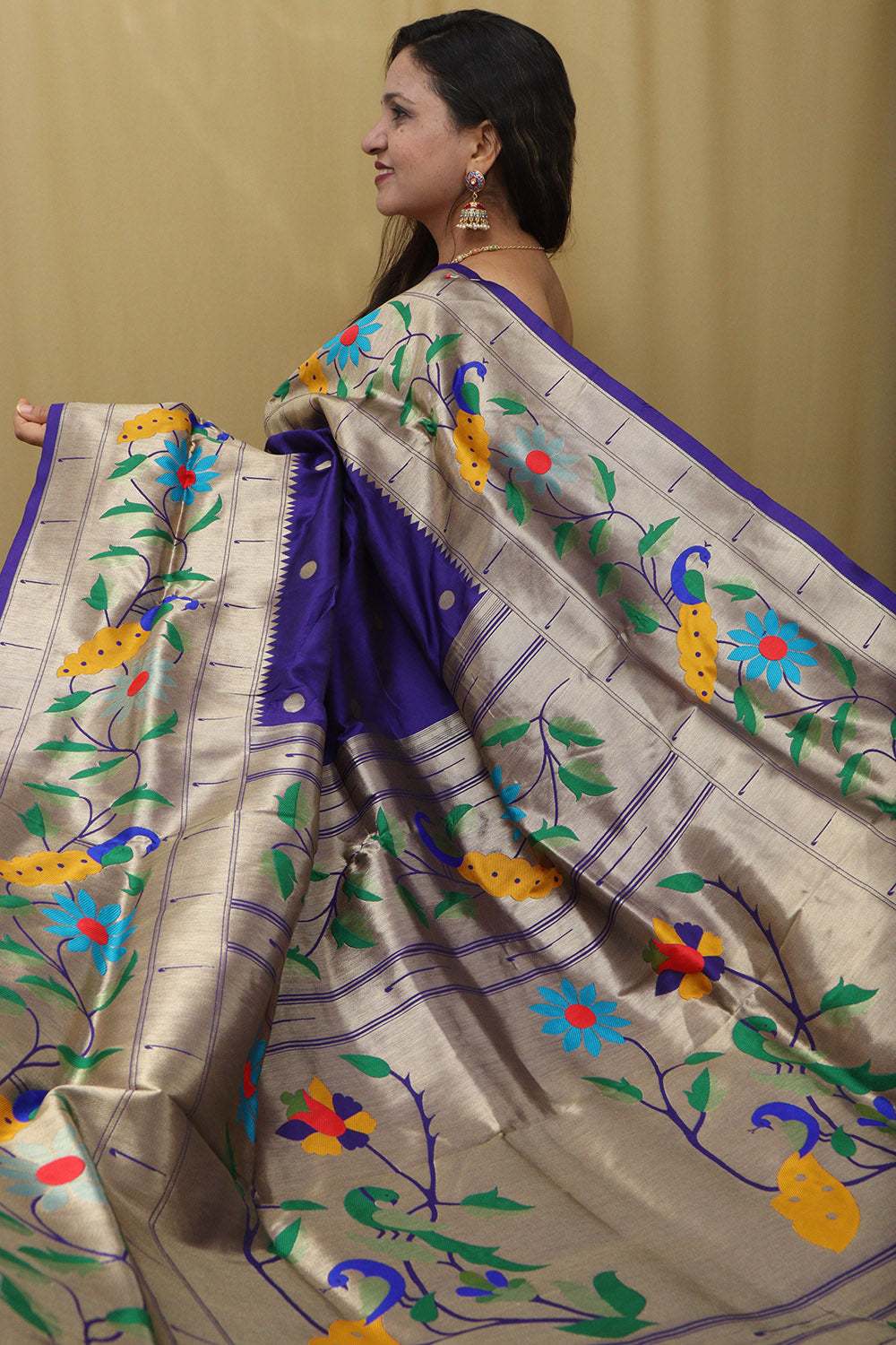 Elegant Purple Paithani Silk Parrot & Flower Saree - Luxurion World