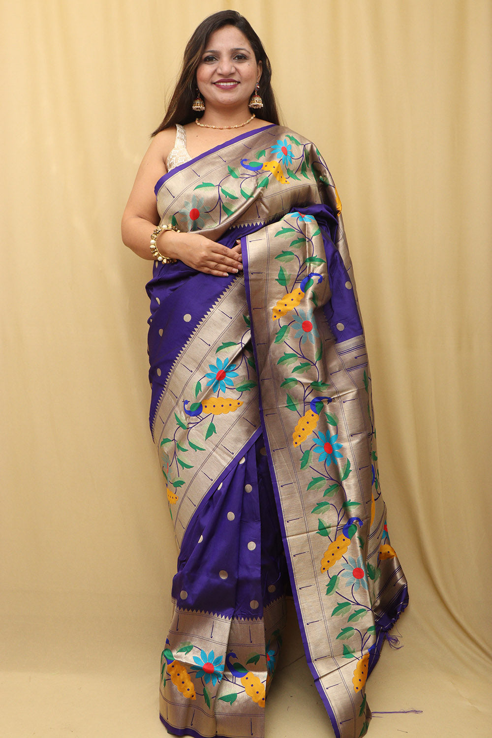 Elegant Purple Paithani Silk Parrot & Flower Saree - Luxurion World