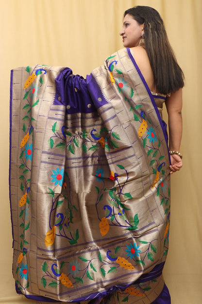 Elegant Purple Paithani Silk Parrot & Flower Saree - Luxurion World