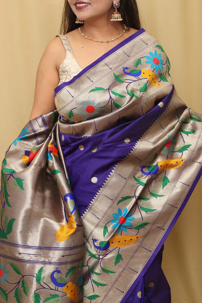 Elegant Purple Paithani Silk Parrot & Flower Saree - Luxurion World