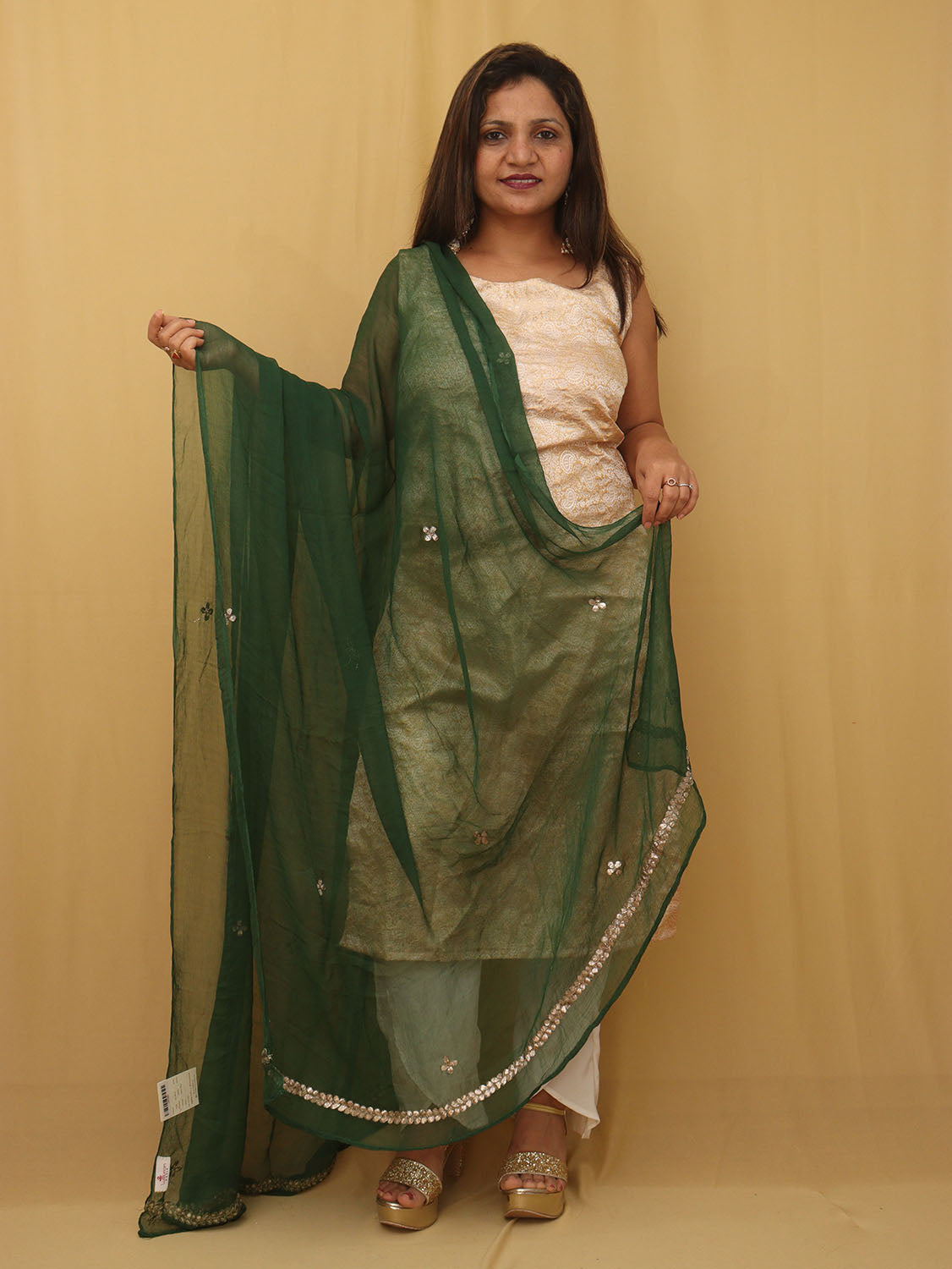 Green Hand Gota Patti Work Pure Chiffon Dupatta - divyaindia 