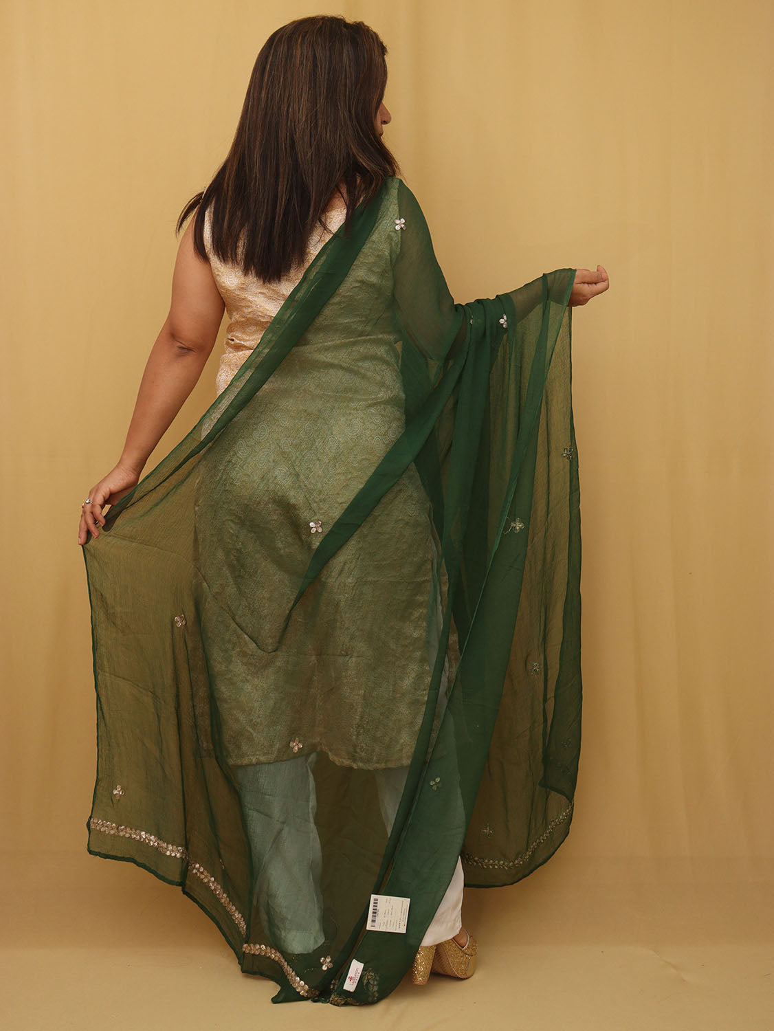 Green Hand Gota Patti Work Pure Chiffon Dupatta - divyaindia 