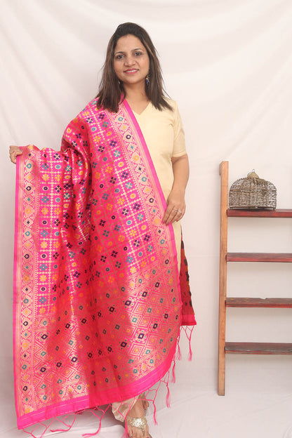 Pink Banarasi Silk Meenakari Dupatta - divyaindia 