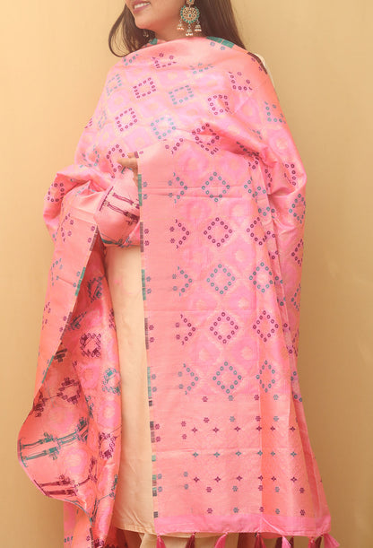 Pink Banarasi Silk Bandhani Design Dupatta - divyaindia 