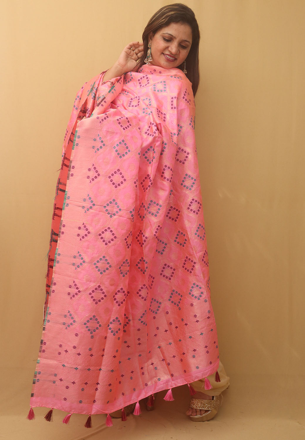 Pink Banarasi Silk Bandhani Design Dupatta - divyaindia 