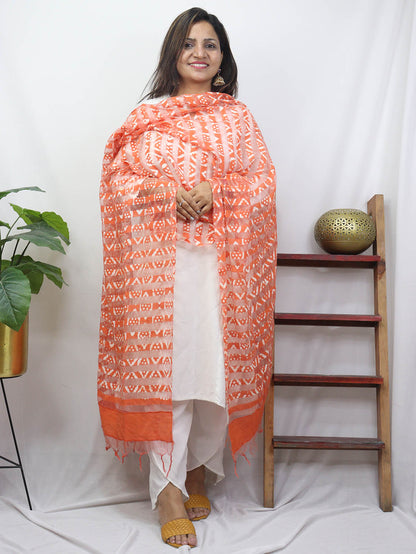 Orange Block Printed Batik Bhagalpur Net Stripe Design Dupatta - divyaindia 