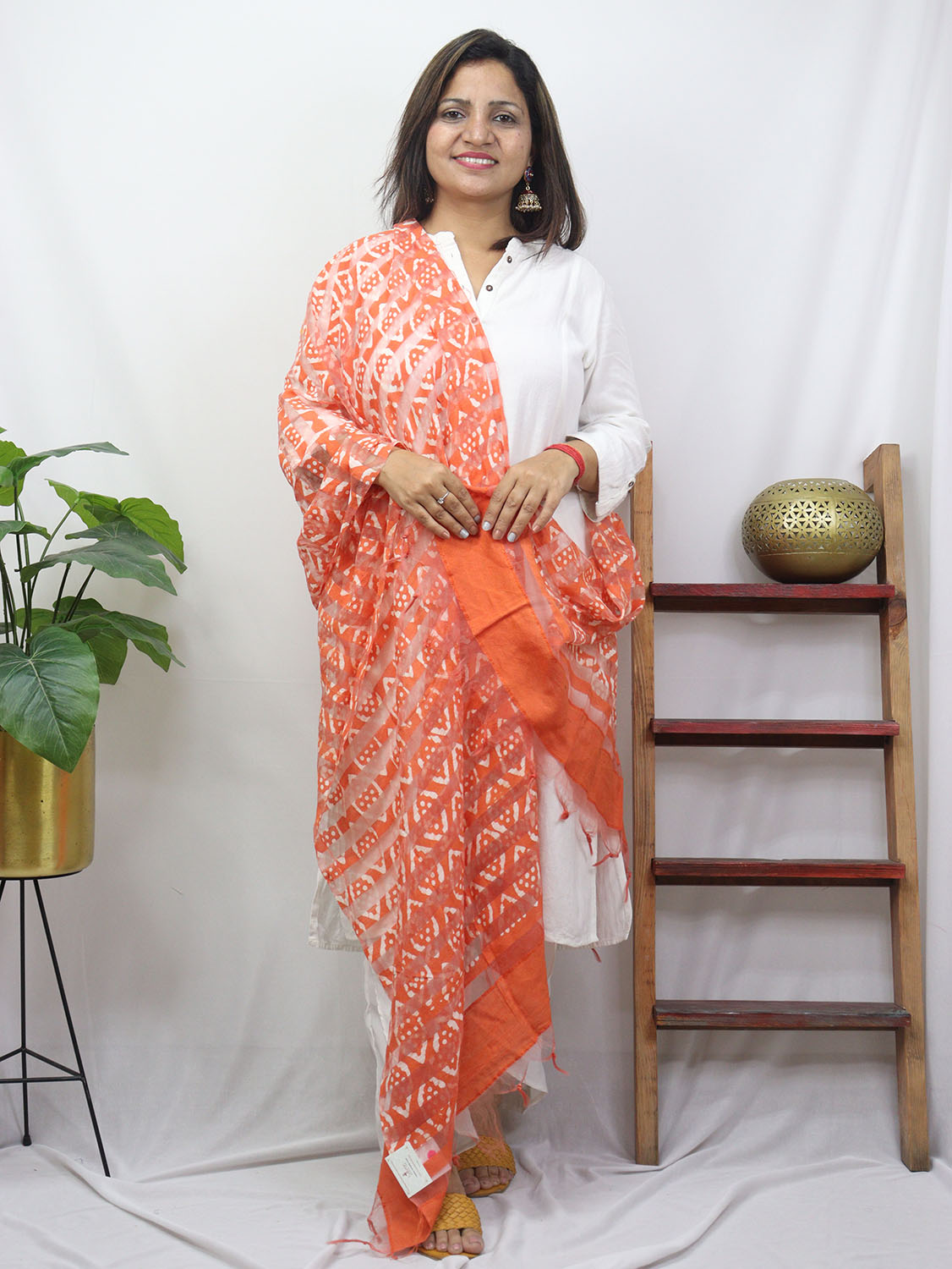 Orange Block Printed Batik Bhagalpur Net Stripe Design Dupatta - divyaindia 