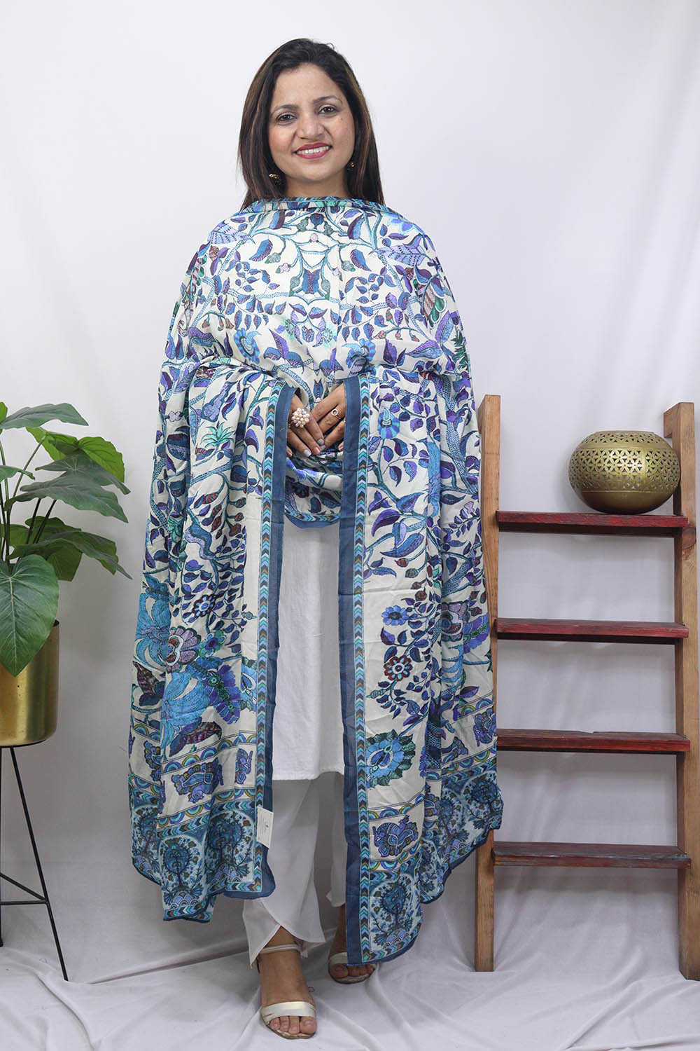 Blue And White Block Printed Mul Satin Silk Dupatta - divyaindia 