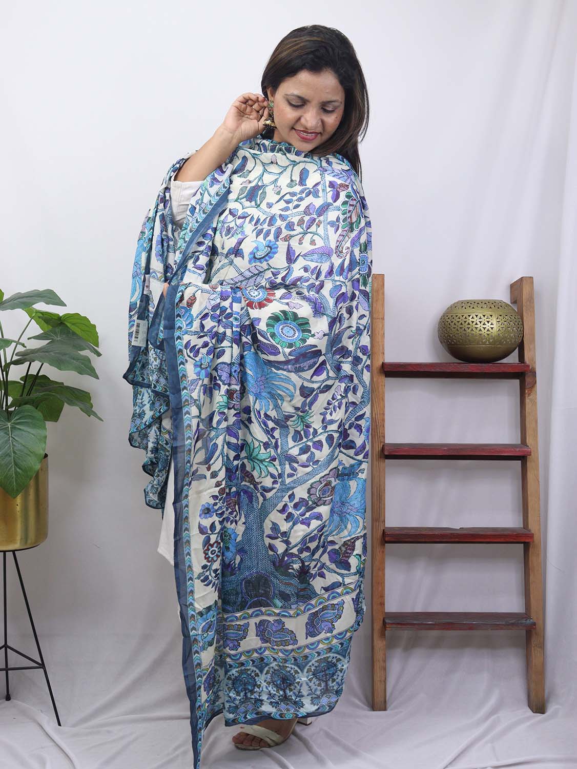 Blue And White Block Printed Mul Satin Silk Dupatta - divyaindia 