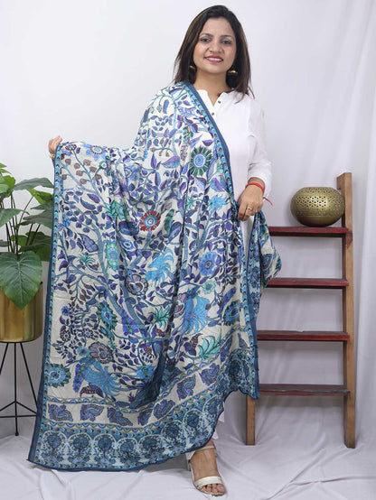 Blue And White Block Printed Mul Satin Silk Dupatta - divyaindia 