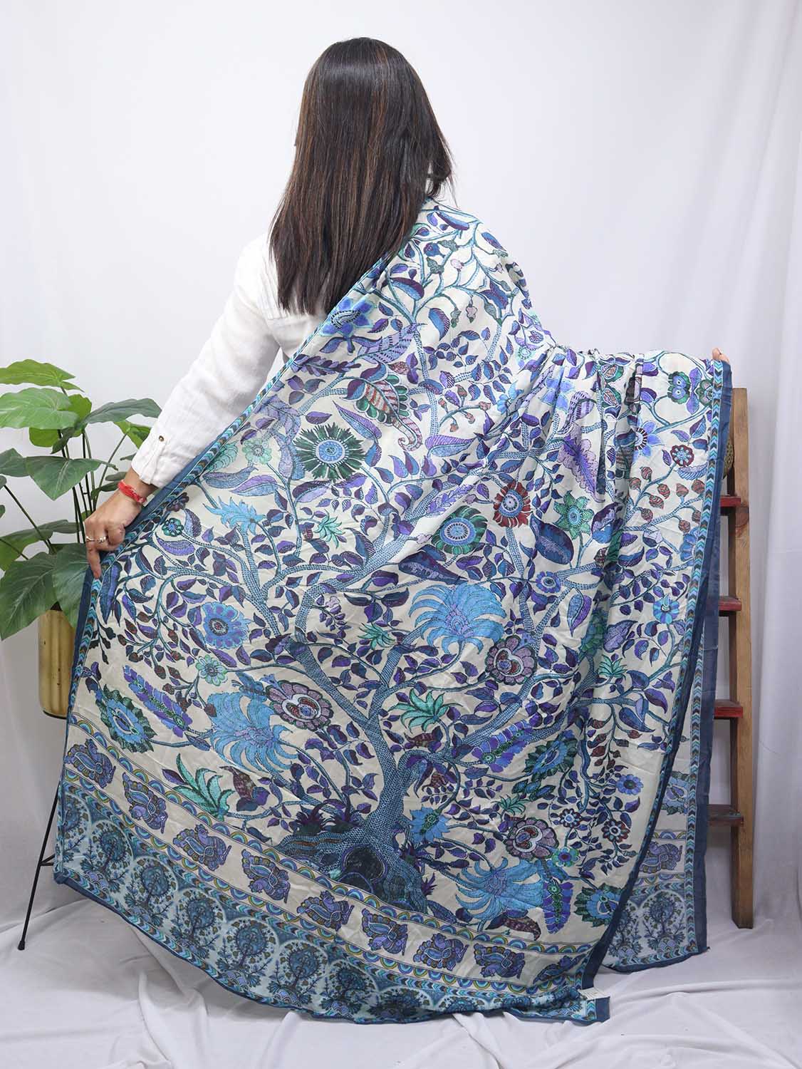 Blue And White Block Printed Mul Satin Silk Dupatta - divyaindia 