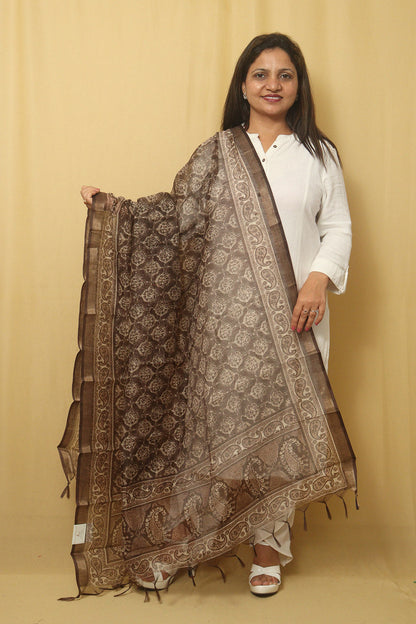 Chic Block Print Chanderi Silk Dupatta in Brown - Stylish Accessory