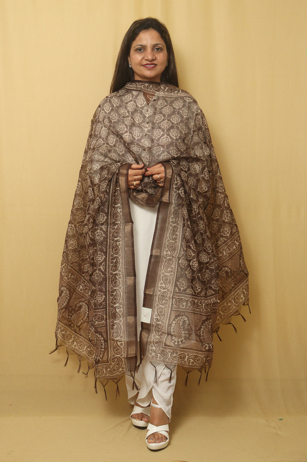 Chic Block Print Chanderi Silk Dupatta in Brown - Stylish Accessory