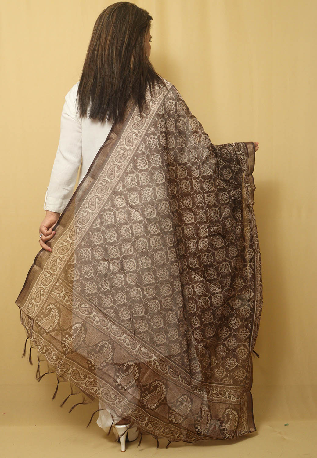 Chic Block Print Chanderi Silk Dupatta in Brown - Stylish Accessory