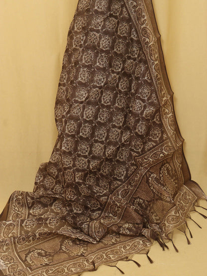 Chic Block Print Chanderi Silk Dupatta in Brown - Stylish Accessory