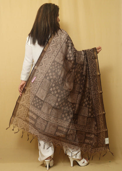 Block Printed Brown Chanderi Silk Dupatta - Stylish & Chic