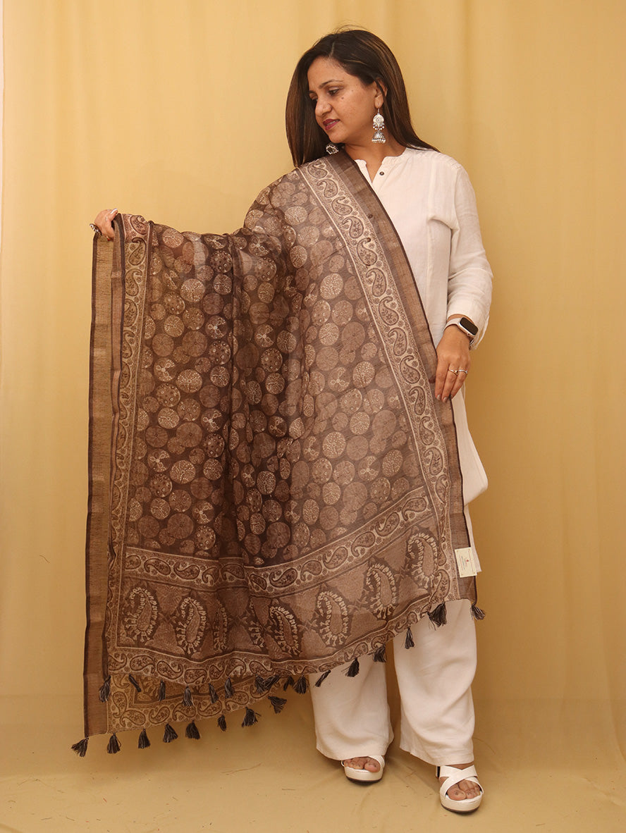 Brown Block Printed Chanderi Silk Dupatta