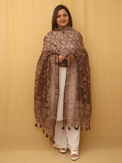 Brown Block Printed Chanderi Silk Dupatta