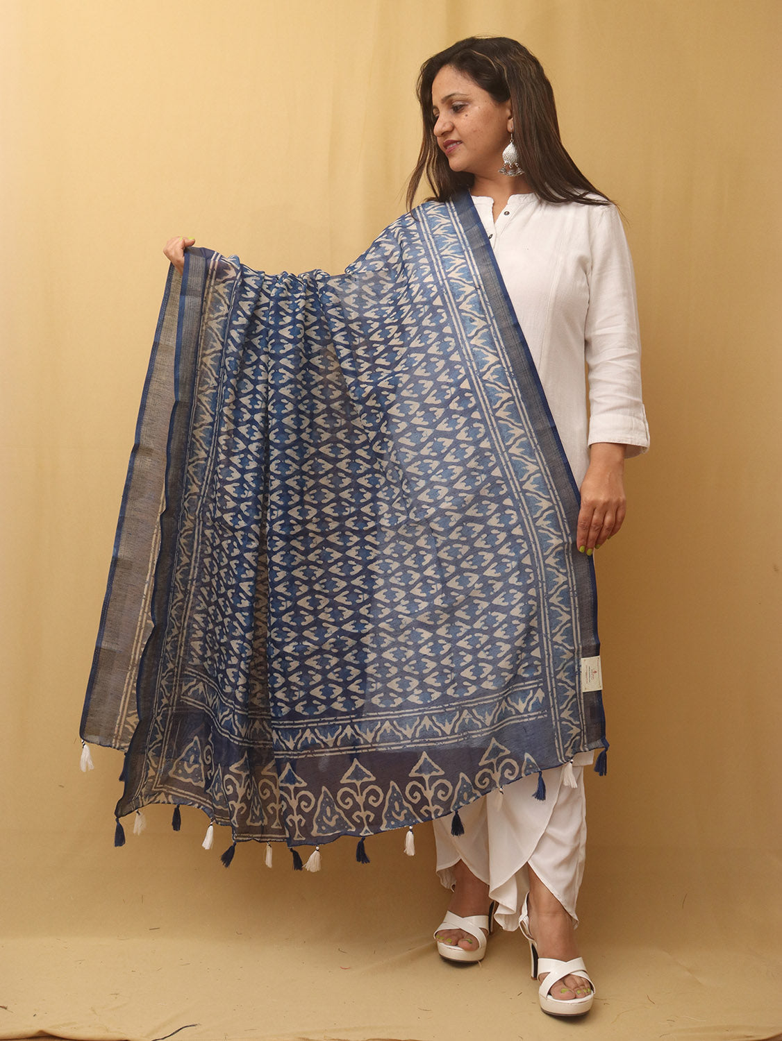 Blue Block Printed Chanderi Silk Dupatta - divyaindia 